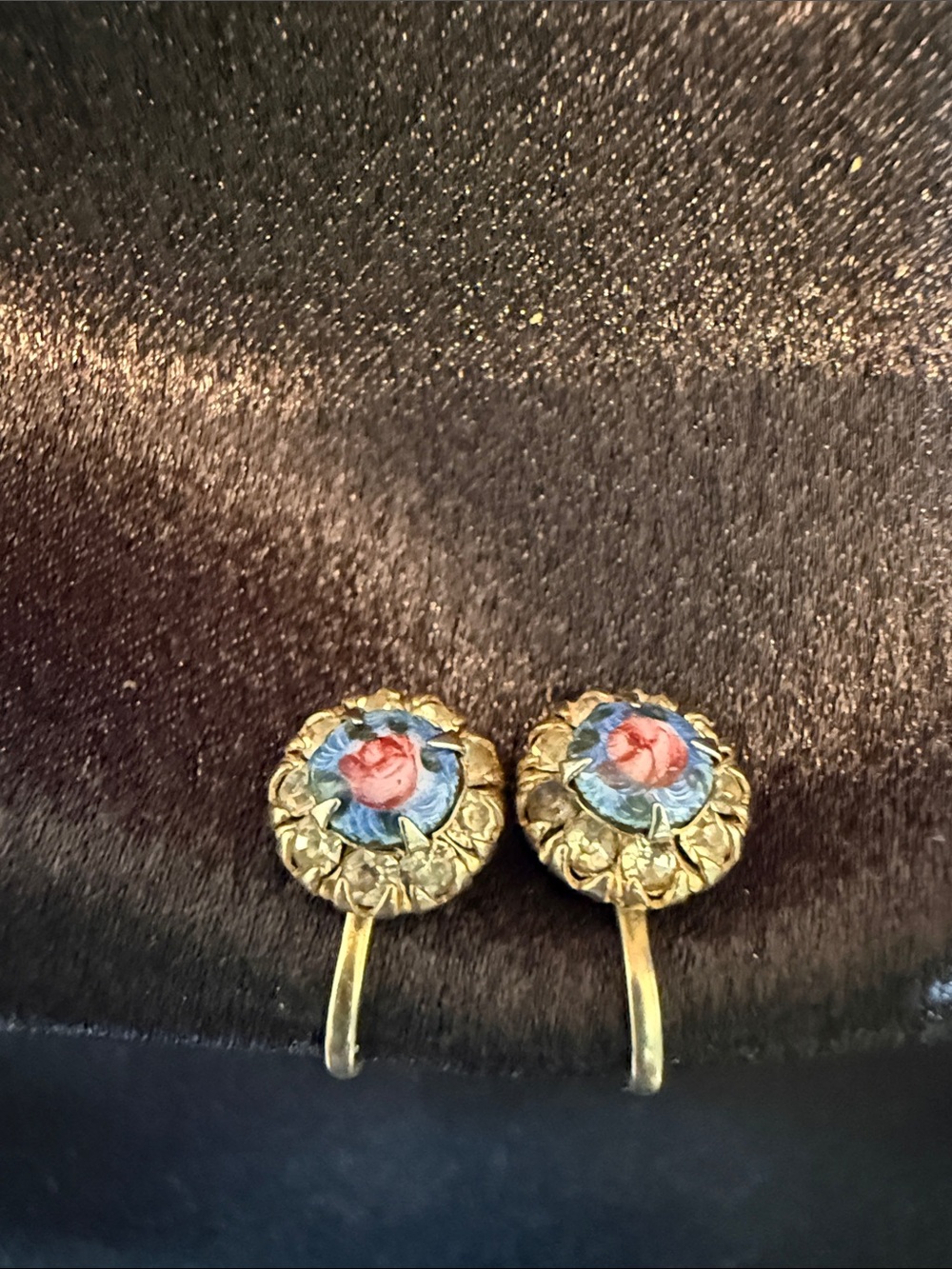 Vintage Vargas Stamped Floral Gold-Tone Drop Earrings - Pink Rose on Blue